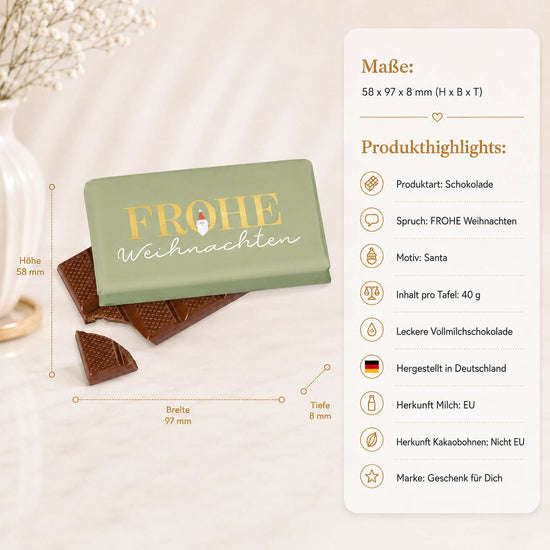 Weihnachtsschokolade mit Spruch Frohe Weihnachten, salbeigrün mit Weihnachtsmann-Motiv, Vollmilch 40 g – Geschenk für Dich – Produkt-Highlights