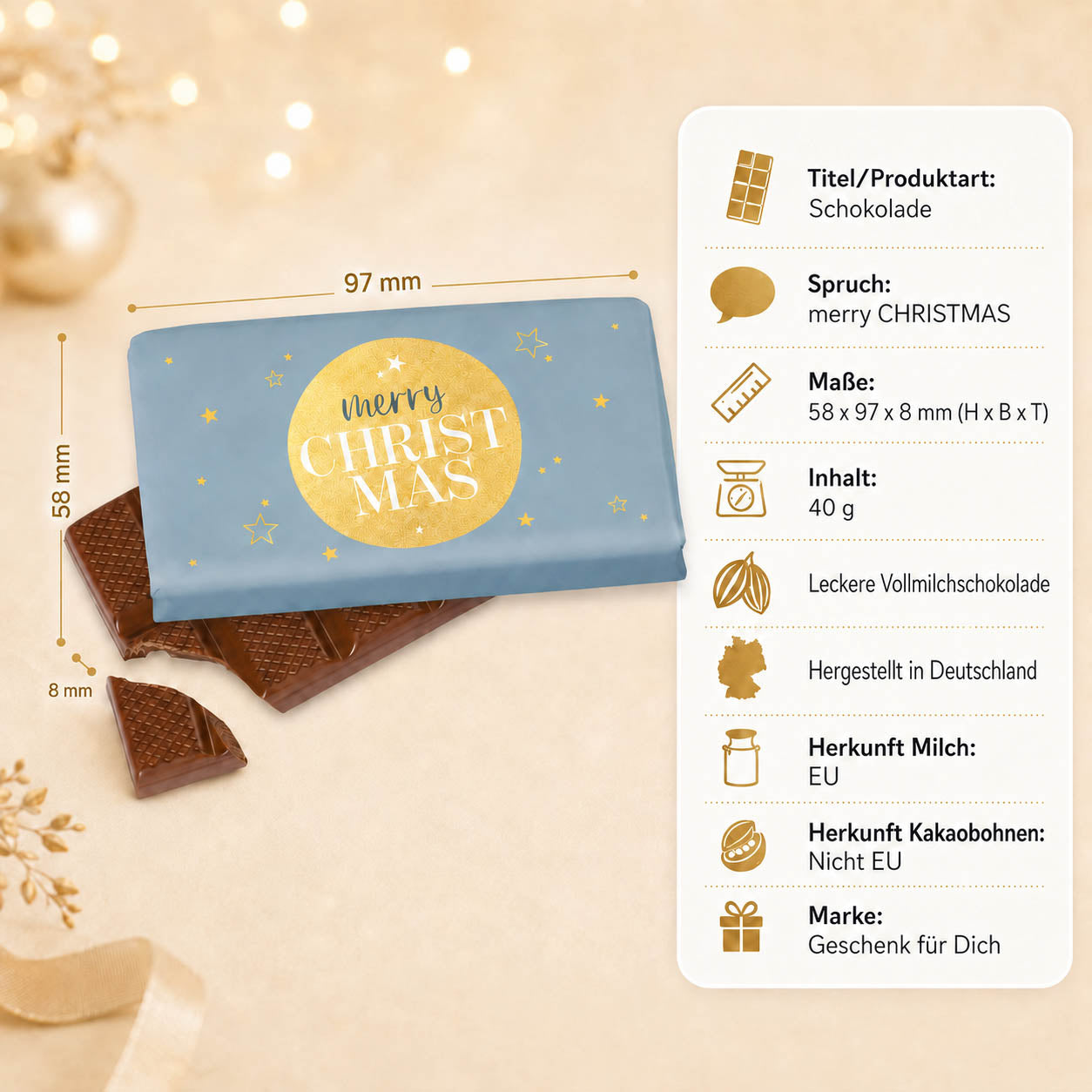 Weihnachtsschokolade mit Spruch Merry Christmas, blau mit goldener Kugel und Sternen, Vollmilch 40 g – Geschenk für Dich – Produkt-Highlights