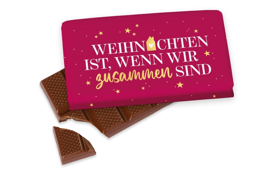 Weihnachtsschokolade mit Spruch Weihnachten ist wenn wir zusammen sind, beerenfarben mit Haus und Sternen, Vollmilch 40 g – Geschenk für Dich