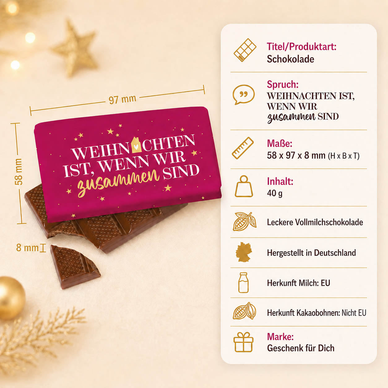 Weihnachtsschokolade mit Spruch Weihnachten ist wenn wir zusammen sind, beerenfarben mit Haus und Sternen, Vollmilch 40 g – Geschenk für Dich – Produkt-Highlights