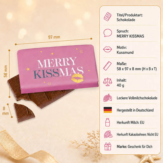 Weihnachtsschokolade mit Spruch Merry Kissmas, rosa mit goldenem Kussmund und Sternen, Vollmilch 40 g – Geschenk für Dich – Produkt-Highlights