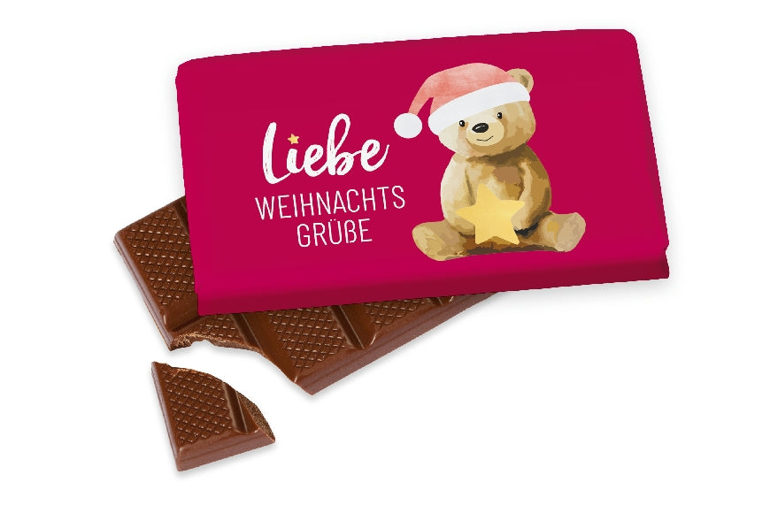Kleine Vollmilchschokolade (40 g) mit süßem Weihnachtsbär-Motiv & Aufschrift „Liebe Weihnachtsgrüße“ von Geschenk für Dich