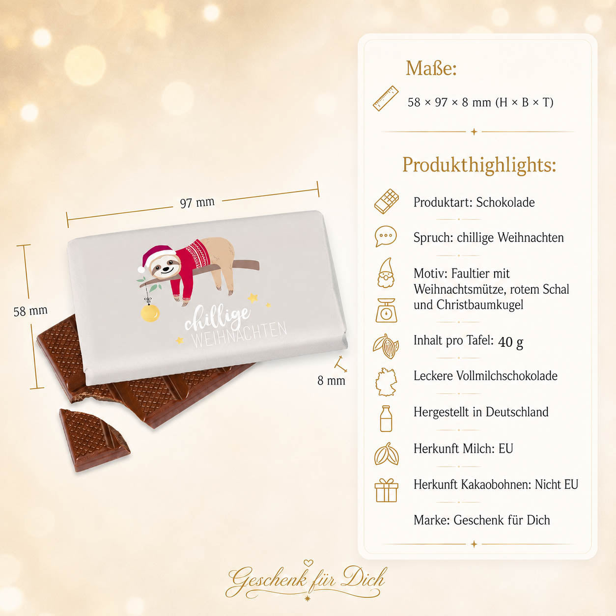 Schokolade „Chillige Weihnachten“ – Faultier