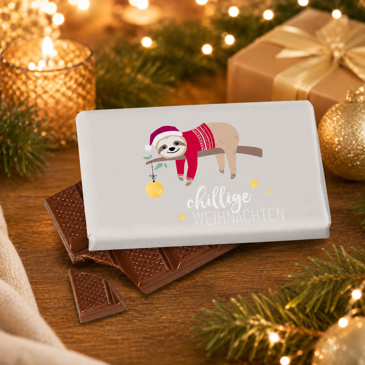 Schokolade „Chillige Weihnachten“ – Stimmungsbild mit Faultier-Tafel im weihnachtlichen Ambiente