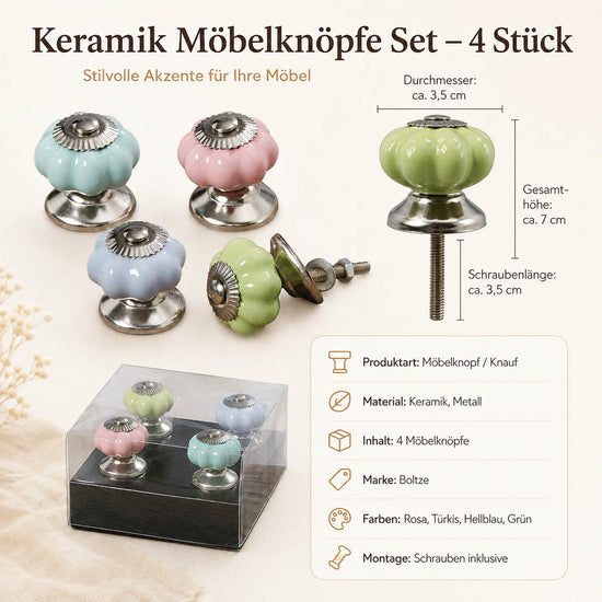 Maßangaben der Möbelknöpfe: Ø ca. 3,5 cm, Gesamthöhe ca. 7 cm, Schraubenlänge ca. 3,5 cm, Material Keramik und Metall, 4er Set von Boltze