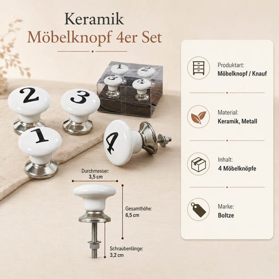 Maßangaben der Vintage Möbelknöpfe: Durchmesser 3,5 cm, Gesamthöhe 6,5 cm, Schraubenlänge 3,2 cm