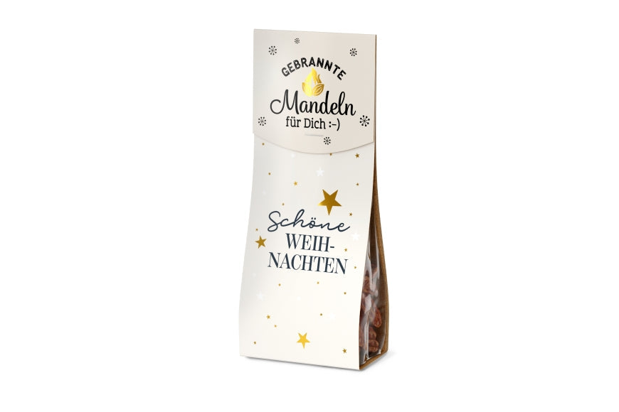 Gebrannte Mandeln „Schöne Weihnachten“ – 60 g im weißen Tütchen mit goldenen Sternen