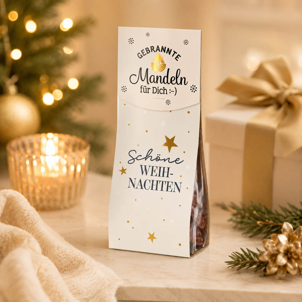 Gebrannte Mandeln „Schöne Weihnachten“ – Stimmungsbild mit Weihnachtsmarkt-Flair