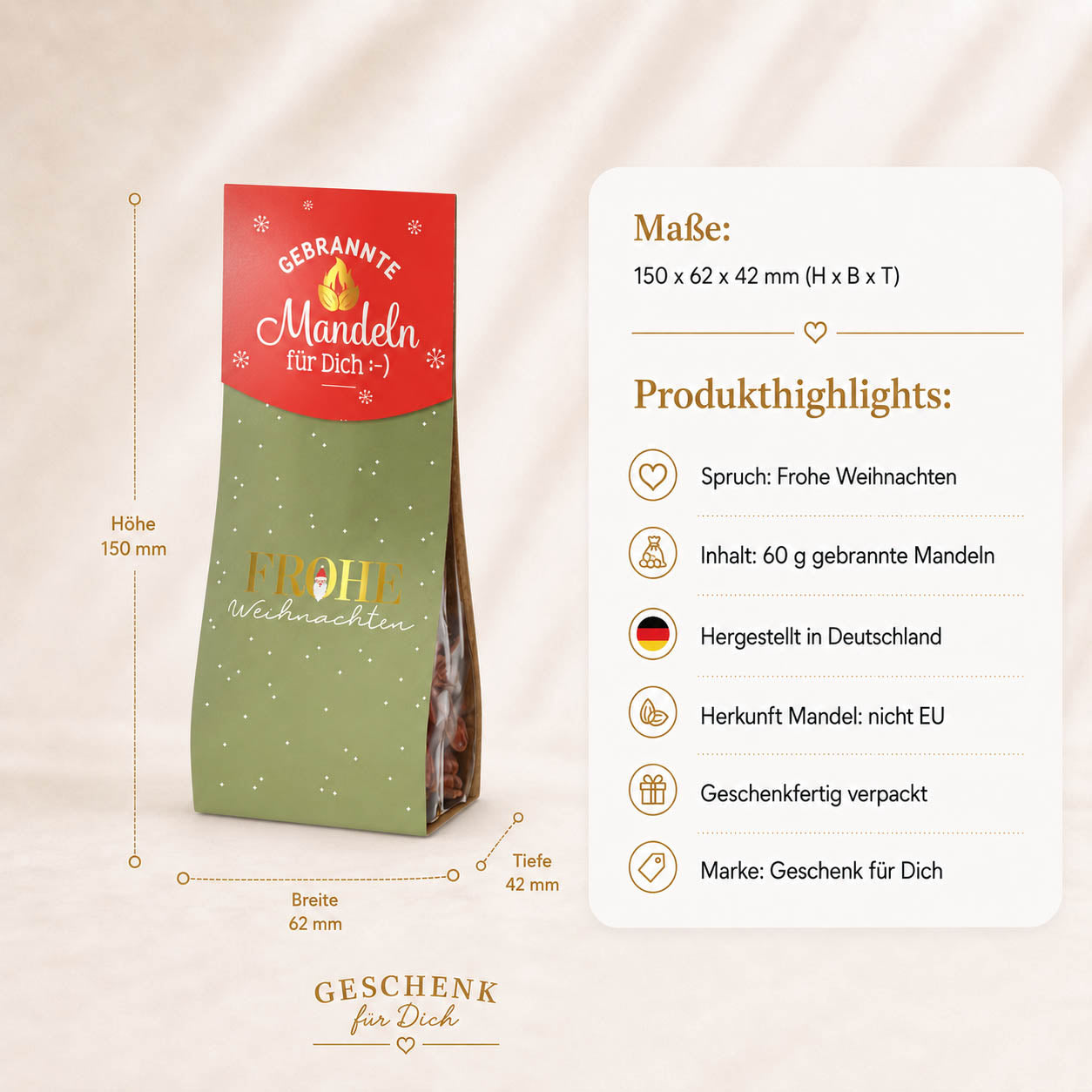 Gebrannte Mandeln „Frohe Weihnachten“ – Highlights: 60 g, Honig & Vanillezucker, hergestellt in Deutschland