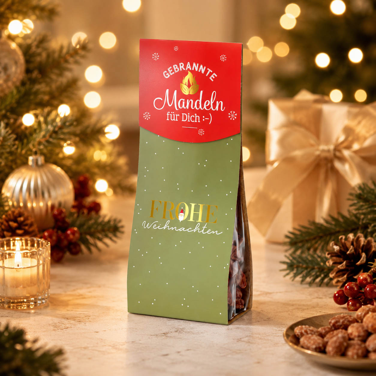 Gebrannte Mandeln „Frohe Weihnachten“ – Stimmungsbild mit Weihnachtsmarkt-Flair
