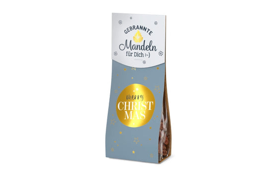Gebrannte Mandeln „Merry Christmas“ – 60 g im grauen Tütchen mit goldenem Kreis und Sternen