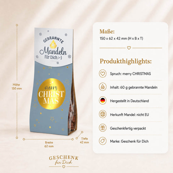 Gebrannte Mandeln „Merry Christmas“ – Highlights: 60 g, Honig & Vanillezucker, hergestellt in Deutschland