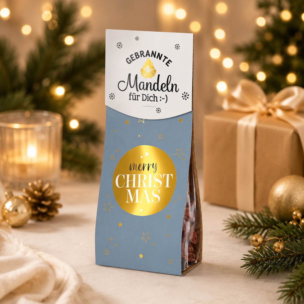 Gebrannte Mandeln „Merry Christmas“ – Stimmungsbild mit Weihnachtsmarkt-Flair