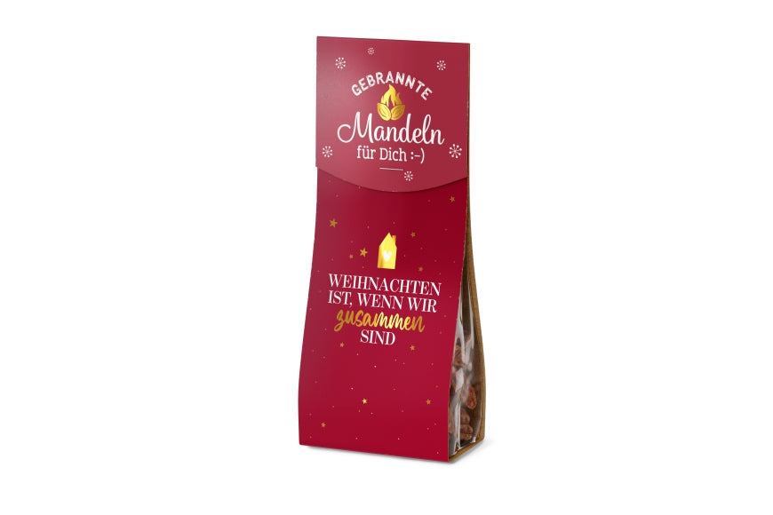 Gebrannte Mandeln „Weihnachten ist, wenn wir zusammen sind“ – 60 g im roten Tütchen mit goldenen Sternen