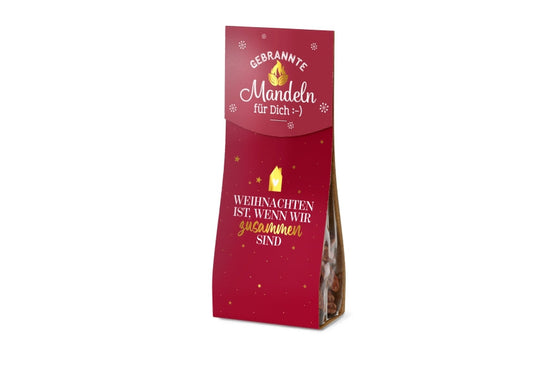 Gebrannte Mandeln „Weihnachten ist, wenn wir zusammen sind“ – 60 g im roten Tütchen mit goldenen Sternen