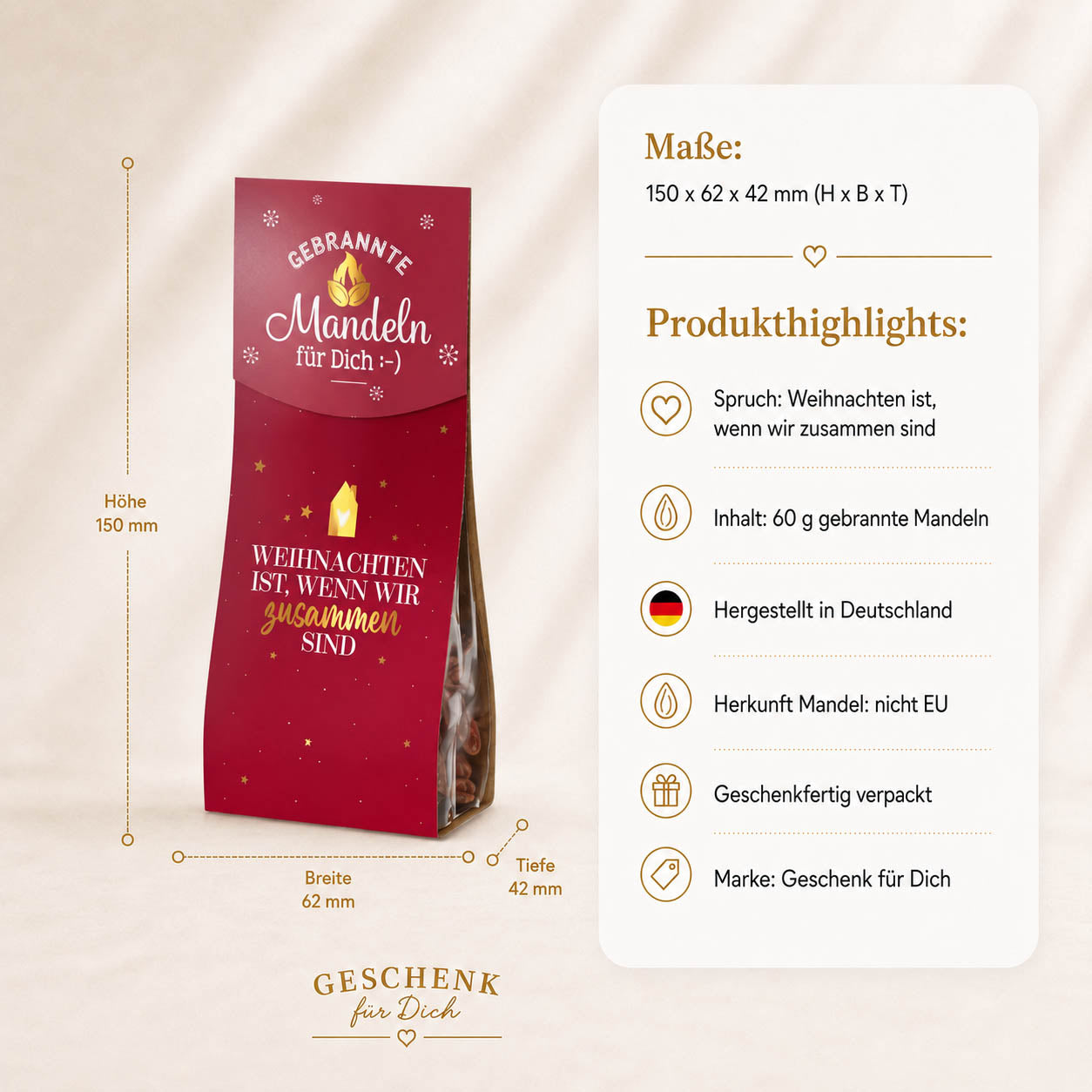 Gebrannte Mandeln „Weihnachten ist, wenn wir zusammen sind“ – Highlights: 60 g, Honig & Vanillezucker, hergestellt in Deutschland