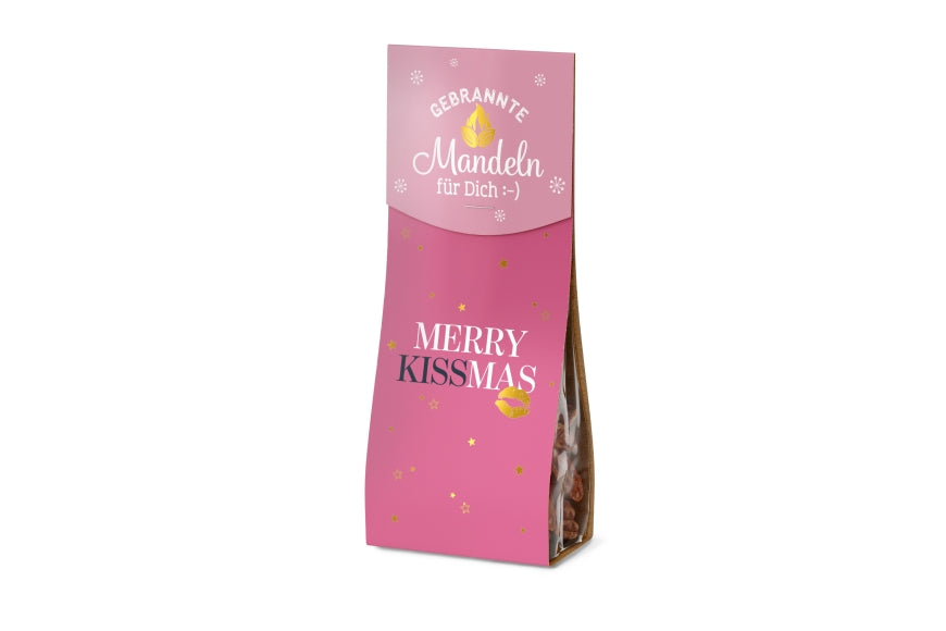 Gebrannte Mandeln Merry Kissmas im rosa Tütchen mit goldenem Kussmund und Sternen, 60 g – Geschenk für Dich