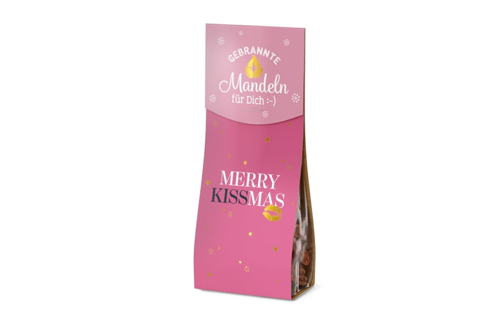 Gebrannte Mandeln Merry Kissmas im rosa Tütchen mit goldenem Kussmund und Sternen, 60 g – Geschenk für Dich