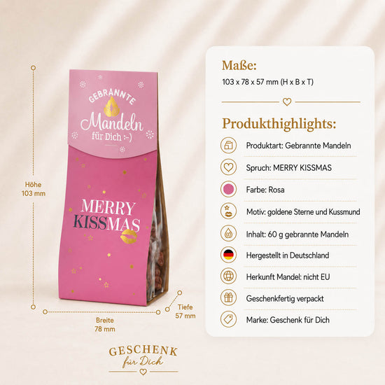 Gebrannte Mandeln Merry Kissmas – Produkthighlights, 60 g, Maße 103 × 78 × 57 mm, Motiv goldene Sterne und Kussmund