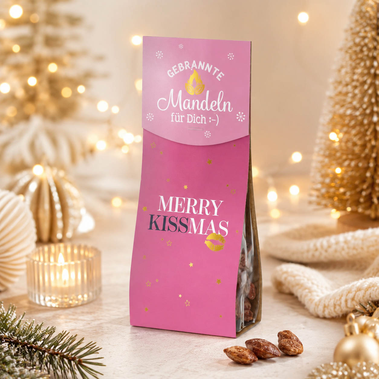 Gebrannte Mandeln Merry Kissmas stimmungsvoll mit Weihnachtsdeko – Geschenk für Dich