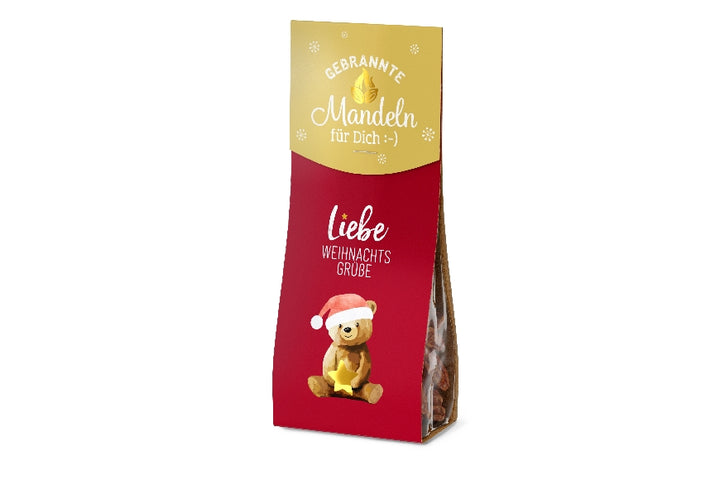 Gebrannte Mandeln mit Aufschrift Liebe Weihnachtsgrüße und süßem Weihnachtsbär von Geschenk für Dich