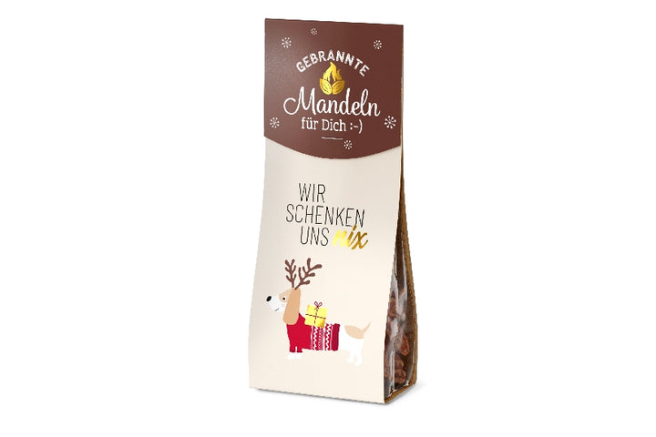Gebrannte Mandeln mit Aufschrift Wir schenken uns nix und süßem Weihnachts-Dackel Motiv von Geschenk für Dich