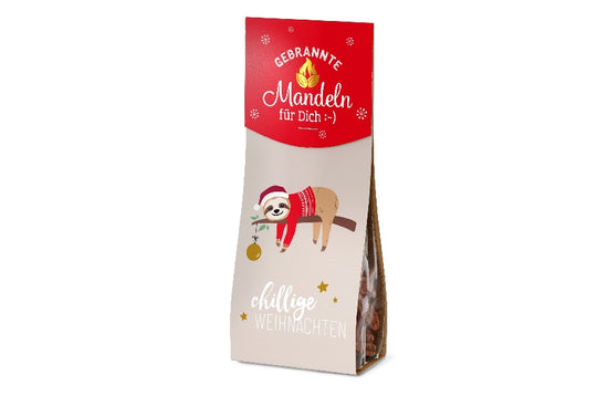 Gebrannte Mandeln mit Aufschrift Chillige Weihnachten mit Faultier Motiv von Geschenk für Dich