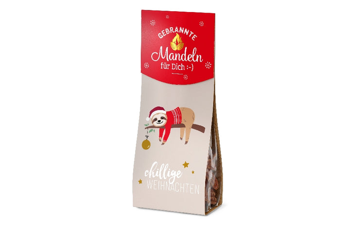 Gebrannte Mandeln mit Aufschrift Chillige Weihnachten mit Faultier Motiv von Geschenk für Dich