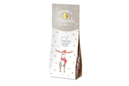 Gebrannte Mandeln mit Aufschrift Frohes Fest & Weihnachts-Elch Motiv von Geschenk für Dich