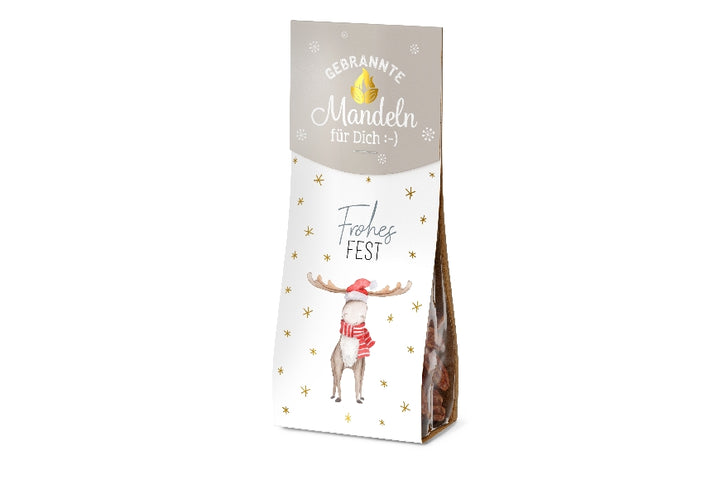 Gebrannte Mandeln mit Aufschrift Frohes Fest & Weihnachts-Elch Motiv von Geschenk für Dich