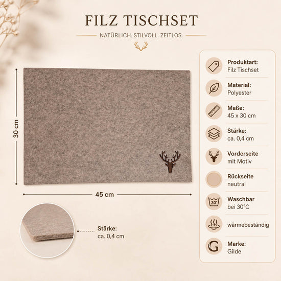 Filz Tischset mit Hirschkopf in Rosa-Beige von Gilde – 45 × 30 cm, Stärke ca. 0,4 cm, waschbar bei 30 °C