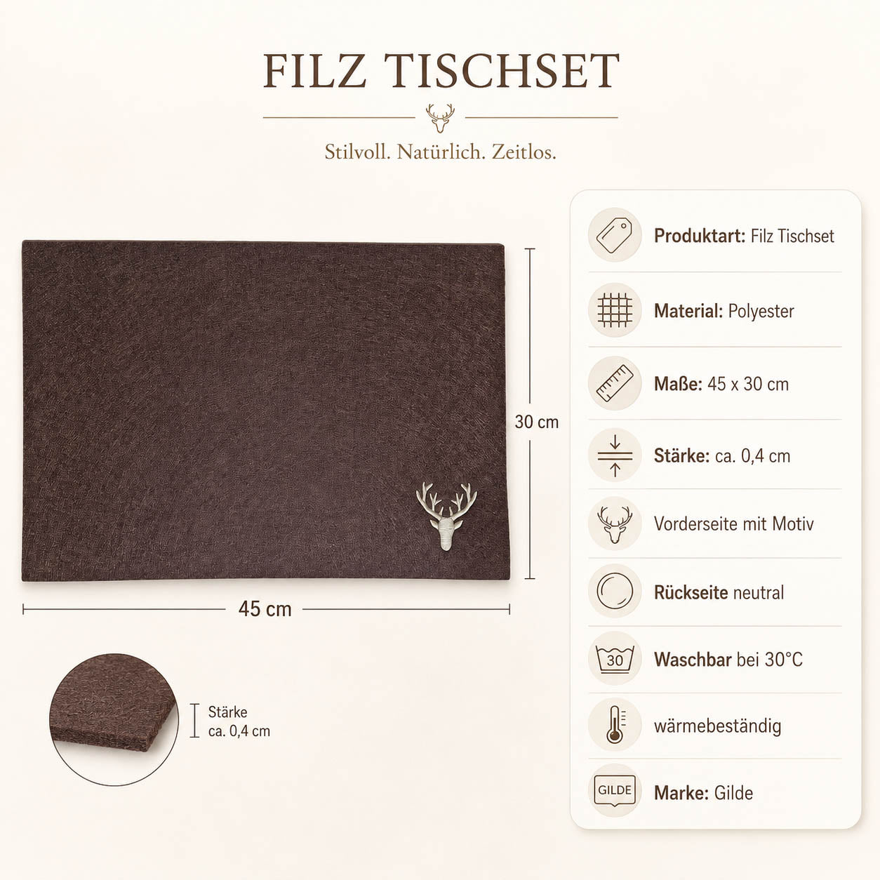 Filz Tischset mit Hirschkopf in Braun von Gilde – 45 × 30 cm, Stärke ca. 0,4 cm, waschbar bei 30 °C