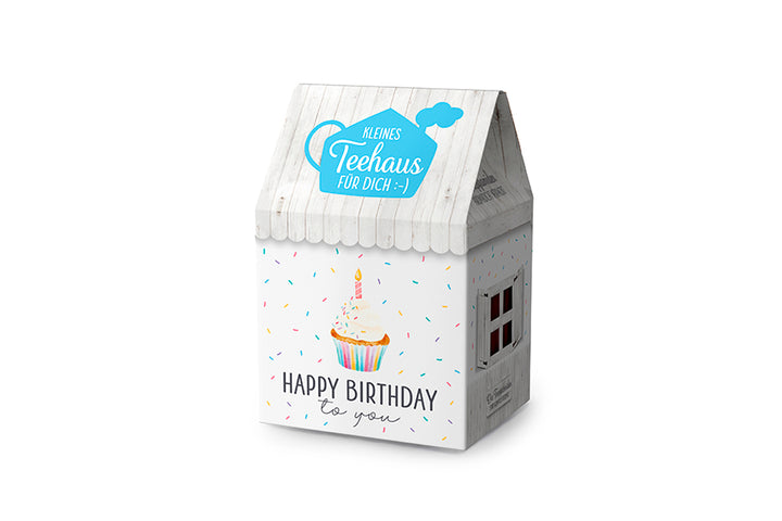 Kleines Teehaus „Happy Birthday to you“ mit Törtchenmotiv von Geschenk für Dich. 8 Teepyramiden Früchtetee 