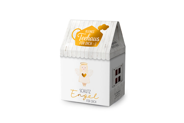 Kleines Teehaus mit Aufschrift „Schutzengel für Dich“ Motiv süßer Engel von Geschenk für Dich. 8 Teepyramiden Früchtetee 