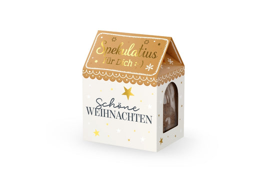 Spekulatius im Häuschen mit Spruch Schöne Weihnachten in Cremeweiß mit goldenen Sternen, 100 g – Geschenk für Dich