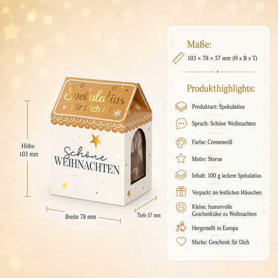 Spekulatius Schöne Weihnachten – Maße und Produkthighlights, 100 g im Häuschen