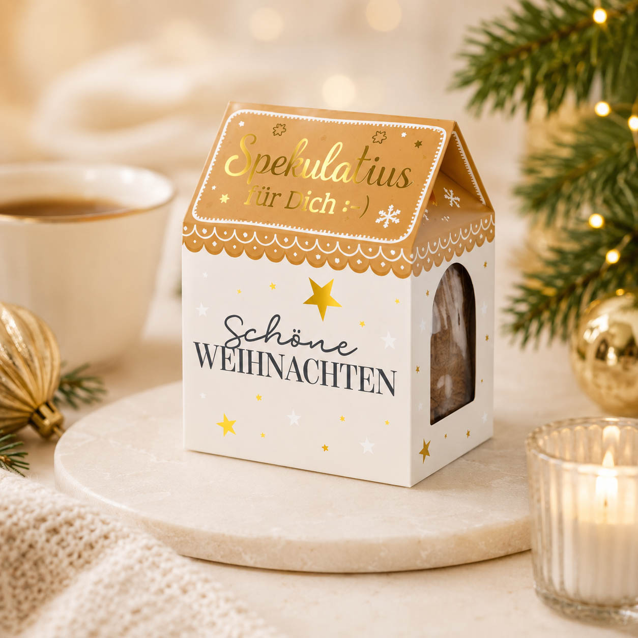 Spekulatius Schöne Weihnachten Cremeweiß Häuschen-Verpackung stimmungsvoll – Geschenk für Dich