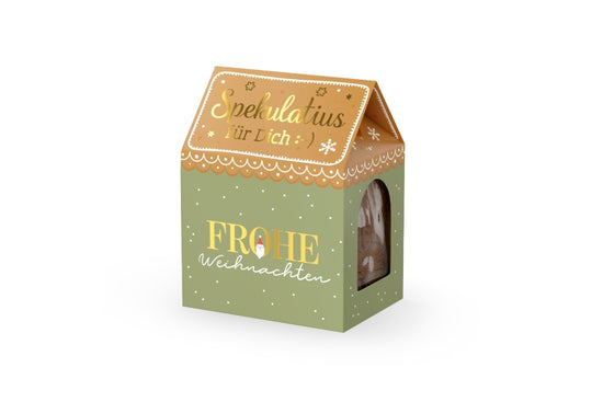 Spekulatius im Häuschen mit Spruch Frohe Weihnachten in Salbeigrün mit Weihnachtsmütze, 100 g – Geschenk für Dich