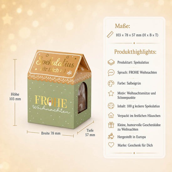 Spekulatius Frohe Weihnachten – Maße und Produkthighlights, 100 g im Häuschen