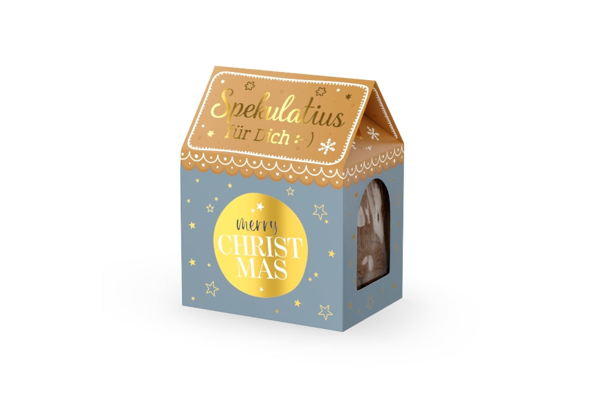 Spekulatius im Häuschen mit Spruch Merry Christmas in Blaugrau mit goldenem Kreis, 100 g – Geschenk für Dich