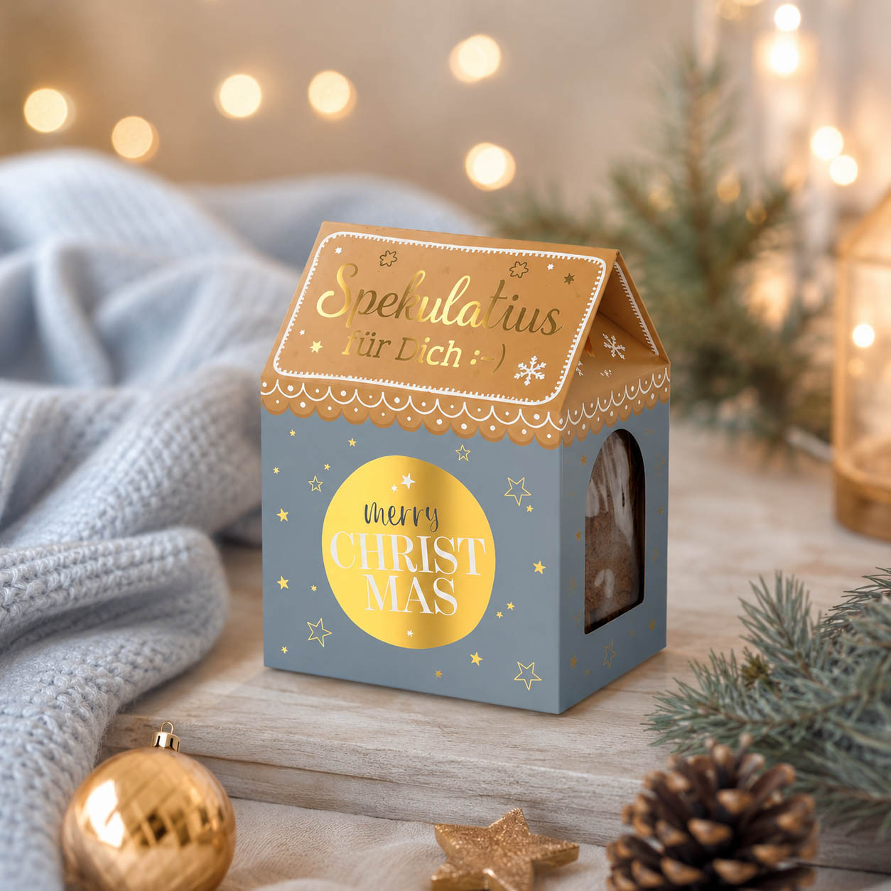 Spekulatius Merry Christmas Blaugrau Häuschen-Verpackung stimmungsvoll – Geschenk für Dich
