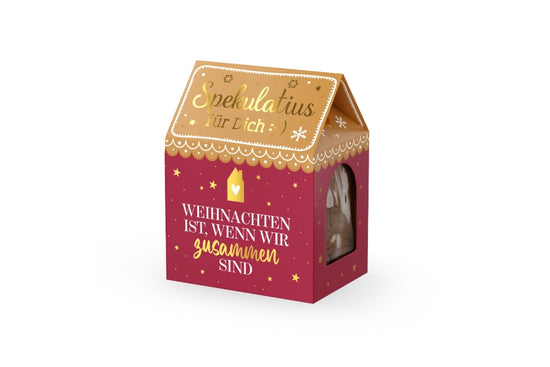 Spekulatius im Häuschen mit Spruch Weihnachten ist wenn wir zusammen sind in Bordeauxrot mit Sternen, 100 g – Geschenk für Dich