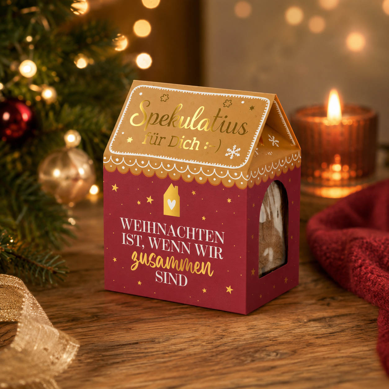 Spekulatius Weihnachten ist wenn wir zusammen sind Bordeauxrot Häuschen-Verpackung – Geschenk für Dich