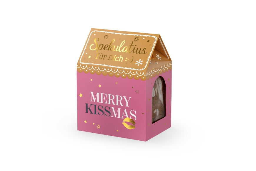 Spekulatius Merry Kissmas im rosa Häuschen mit goldenem Kussmund und Sternen, 100 g – Geschenk für Dich