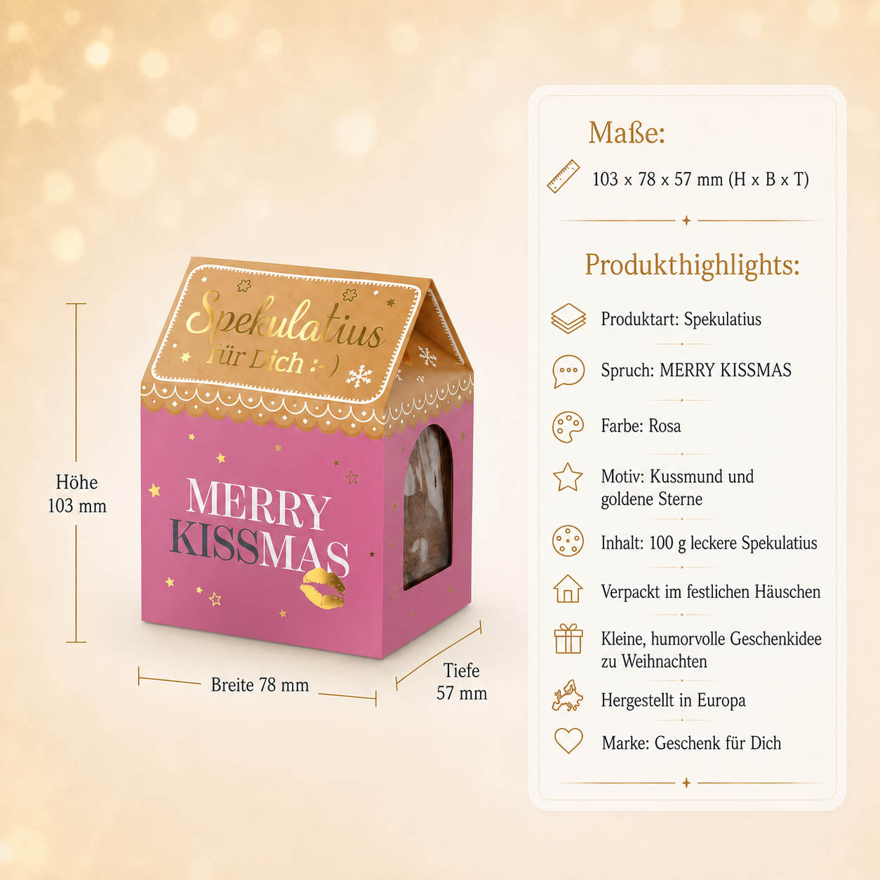 Spekulatius Merry Kissmas – Produkthighlights, 100 g im Häuschen, Maße 103 × 78 × 57 mm, Motiv Kussmund und goldene Sterne
