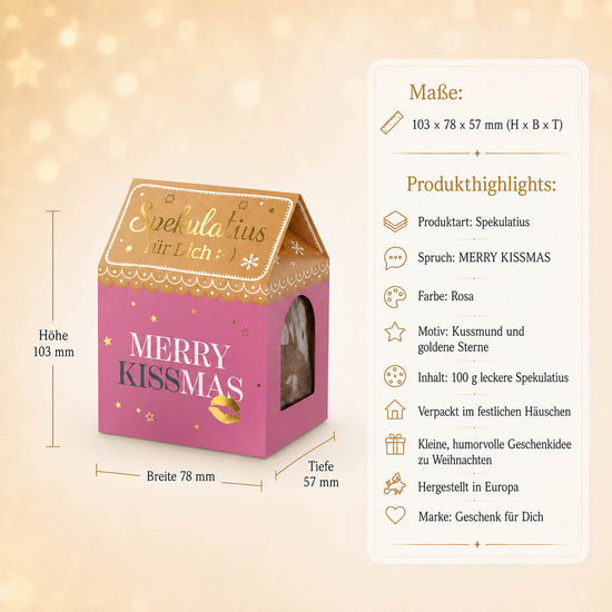 Spekulatius Merry Kissmas – Produkthighlights, 100 g im Häuschen, Maße 103 × 78 × 57 mm, Motiv Kussmund und goldene Sterne
