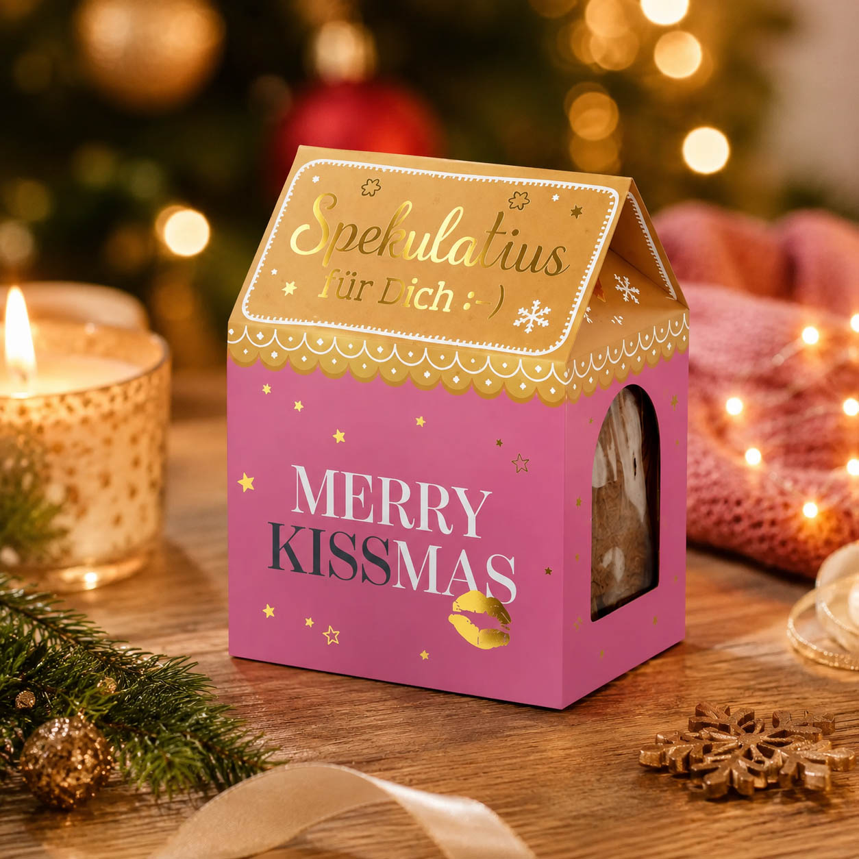 Spekulatius Merry Kissmas stimmungsvoll mit Weihnachtsdeko – Geschenk für Dich