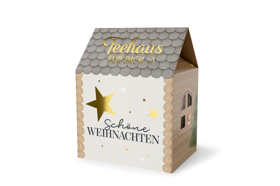 Teehaus mit Spruch Schöne Weihnachten in Cremeweiß mit goldenen Sternen, Rooibos-Sahne-Karamell-Tee – Geschenk für Dich