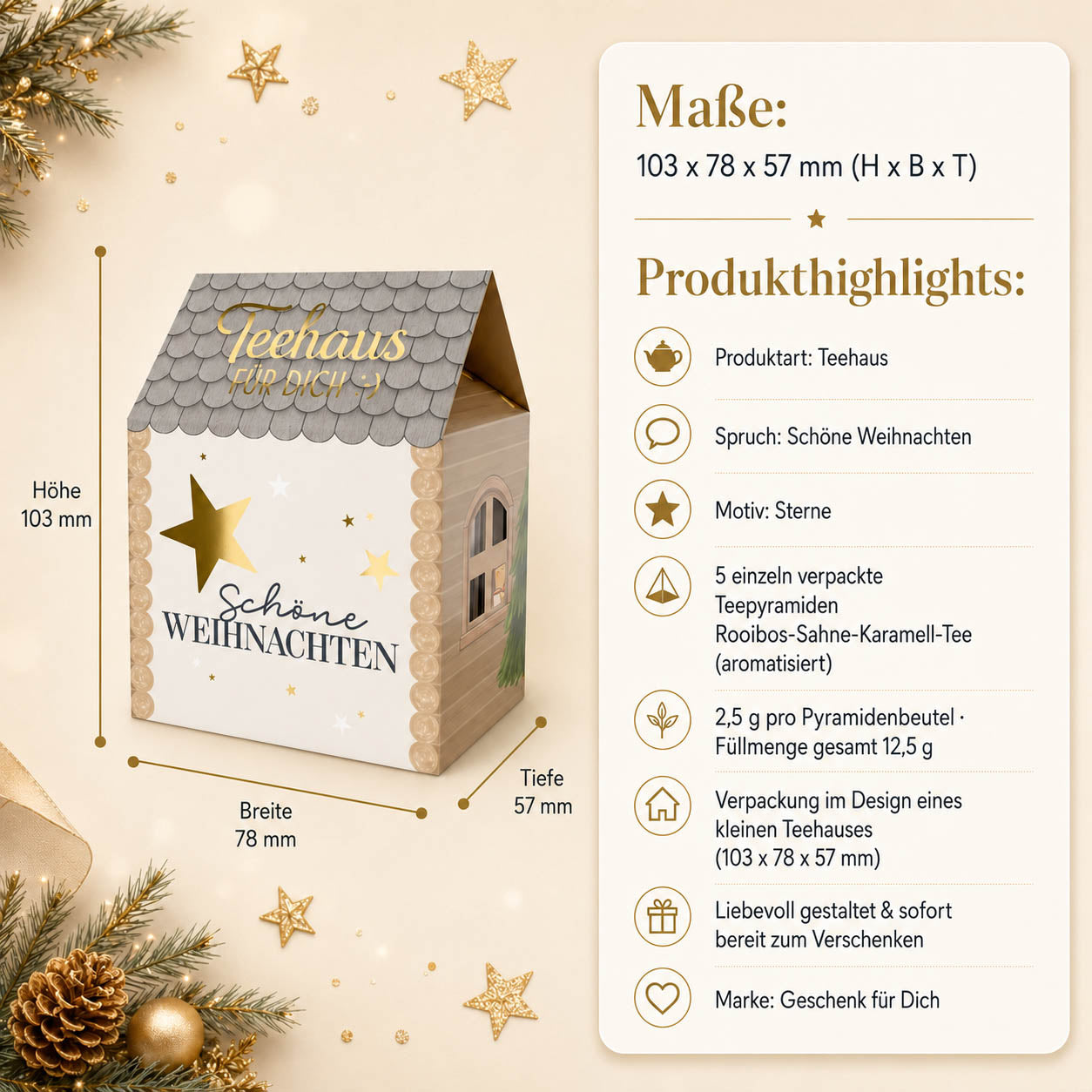 Teehaus Schöne Weihnachten – Maße und Produkthighlights, 5 Teepyramiden Rooibos-Sahne-Karamell