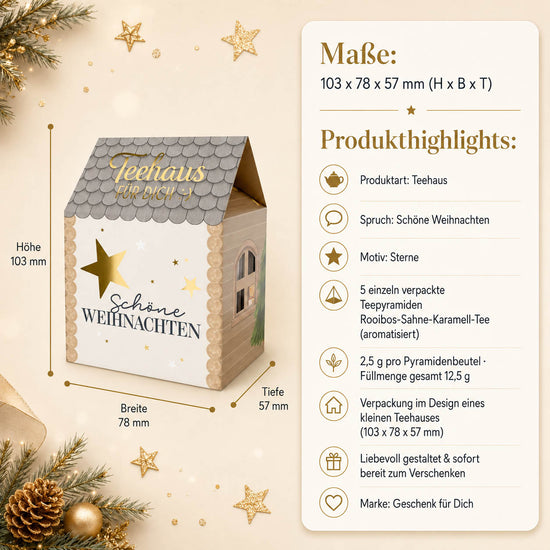Teehaus Schöne Weihnachten – Maße und Produkthighlights, 5 Teepyramiden Rooibos-Sahne-Karamell